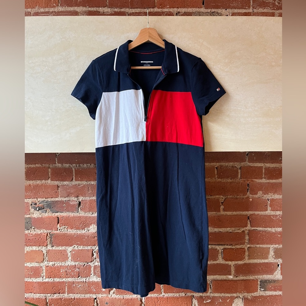 Tommy Hilfiger Sport Womens M Red Navy 1/4 Zip Polo Shift Dress